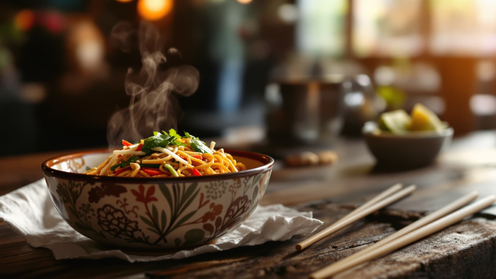 A steaming bowl of Thai noodles with vibrant herbs and warm lighting