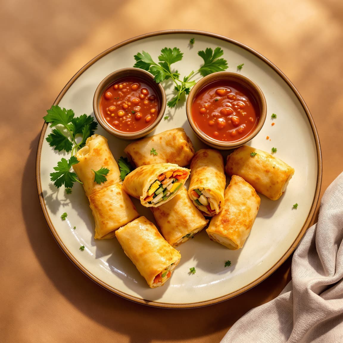 Golden crispy spring rolls with sweet chili dipping sauce