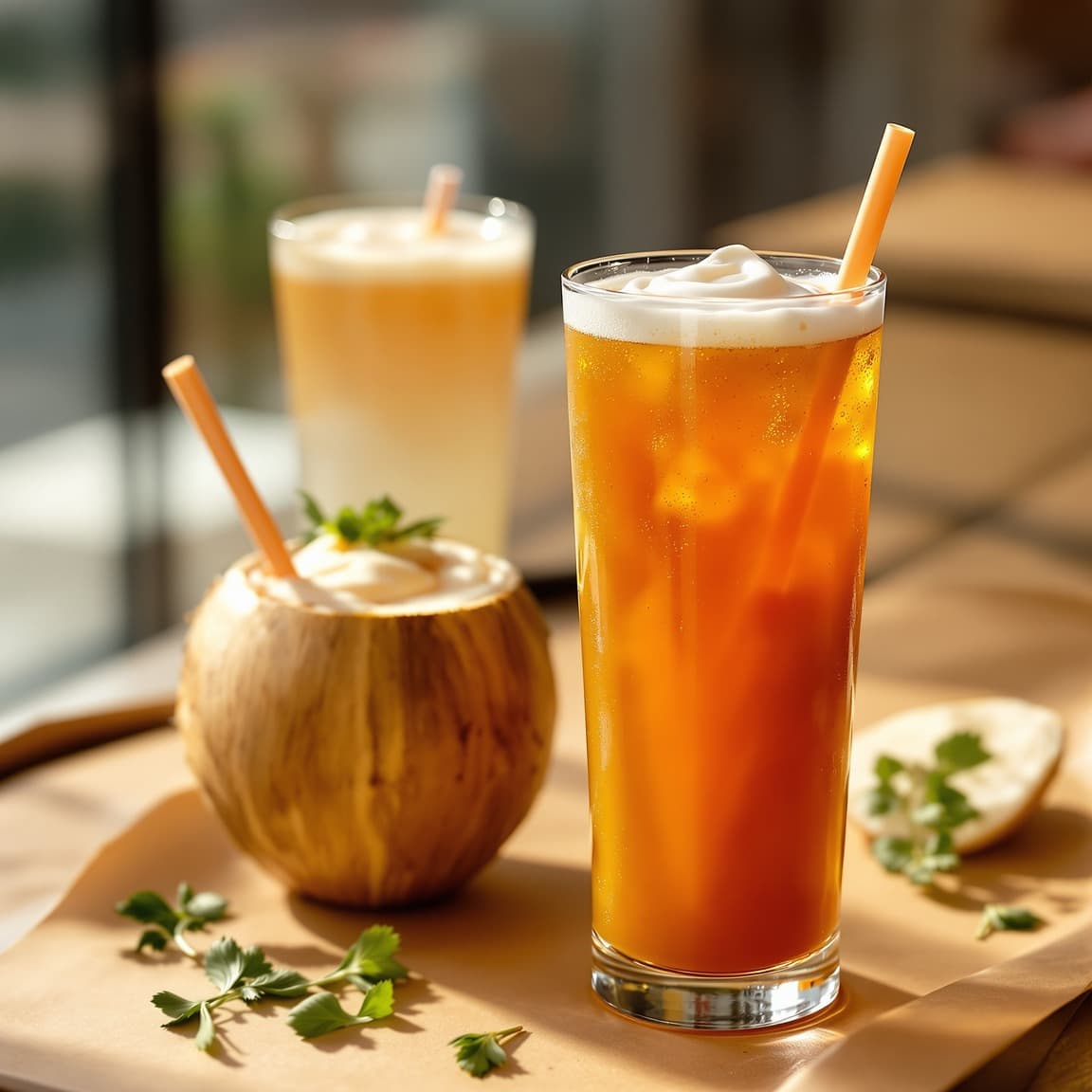 Thai iced tea with cream swirl and a fresh coconut drink