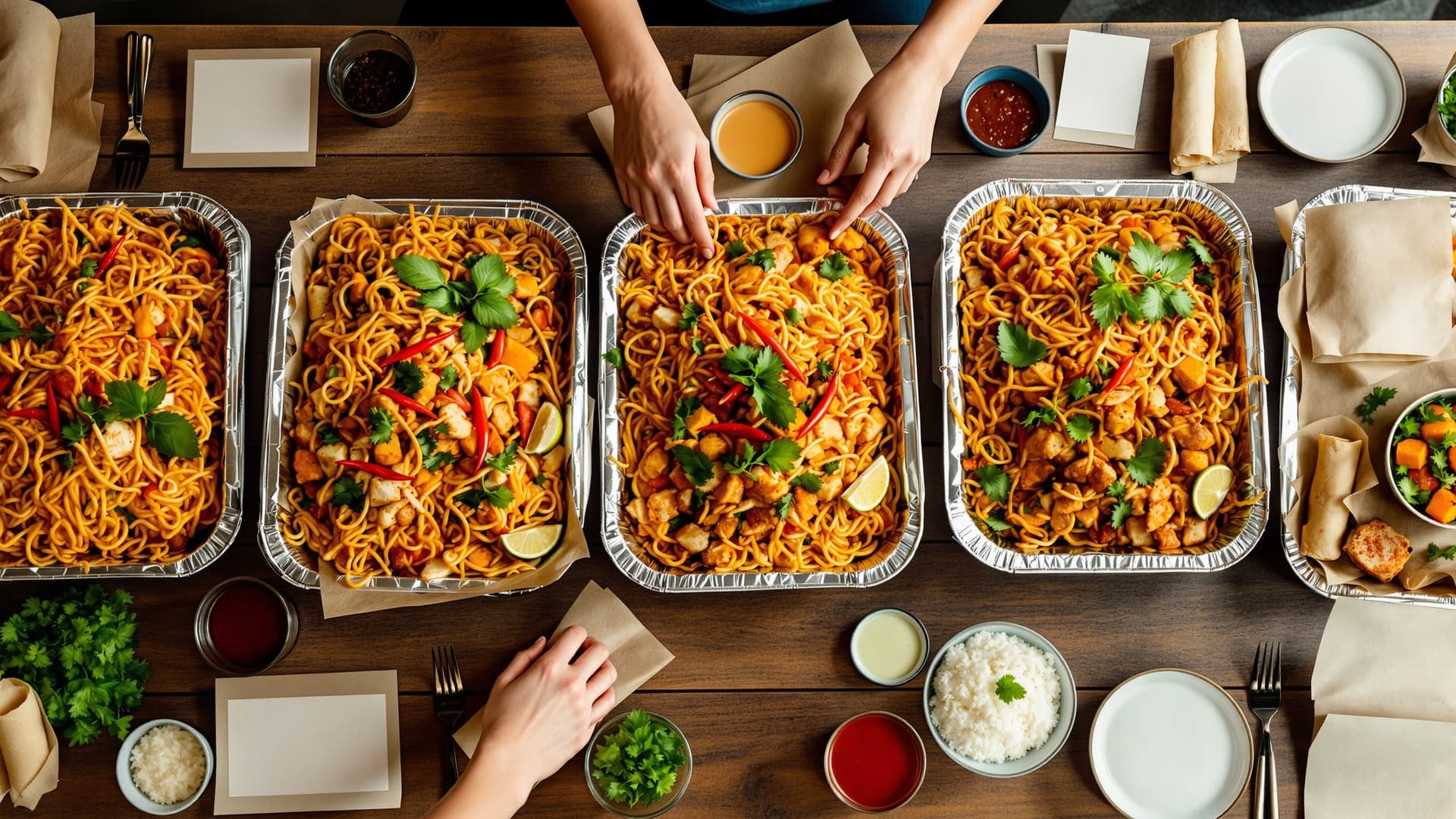 A Thai food catering spread with multiple trays of colorful dishes for a group event